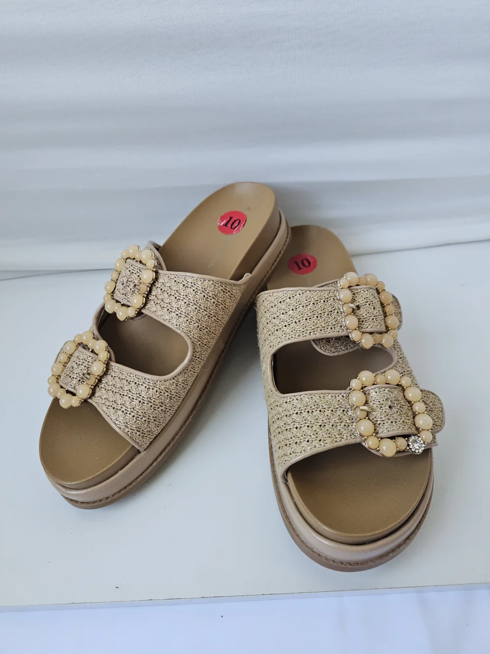BCBGeneration Beau Raffia Beaded Buckle Slide Sandals - Size 10